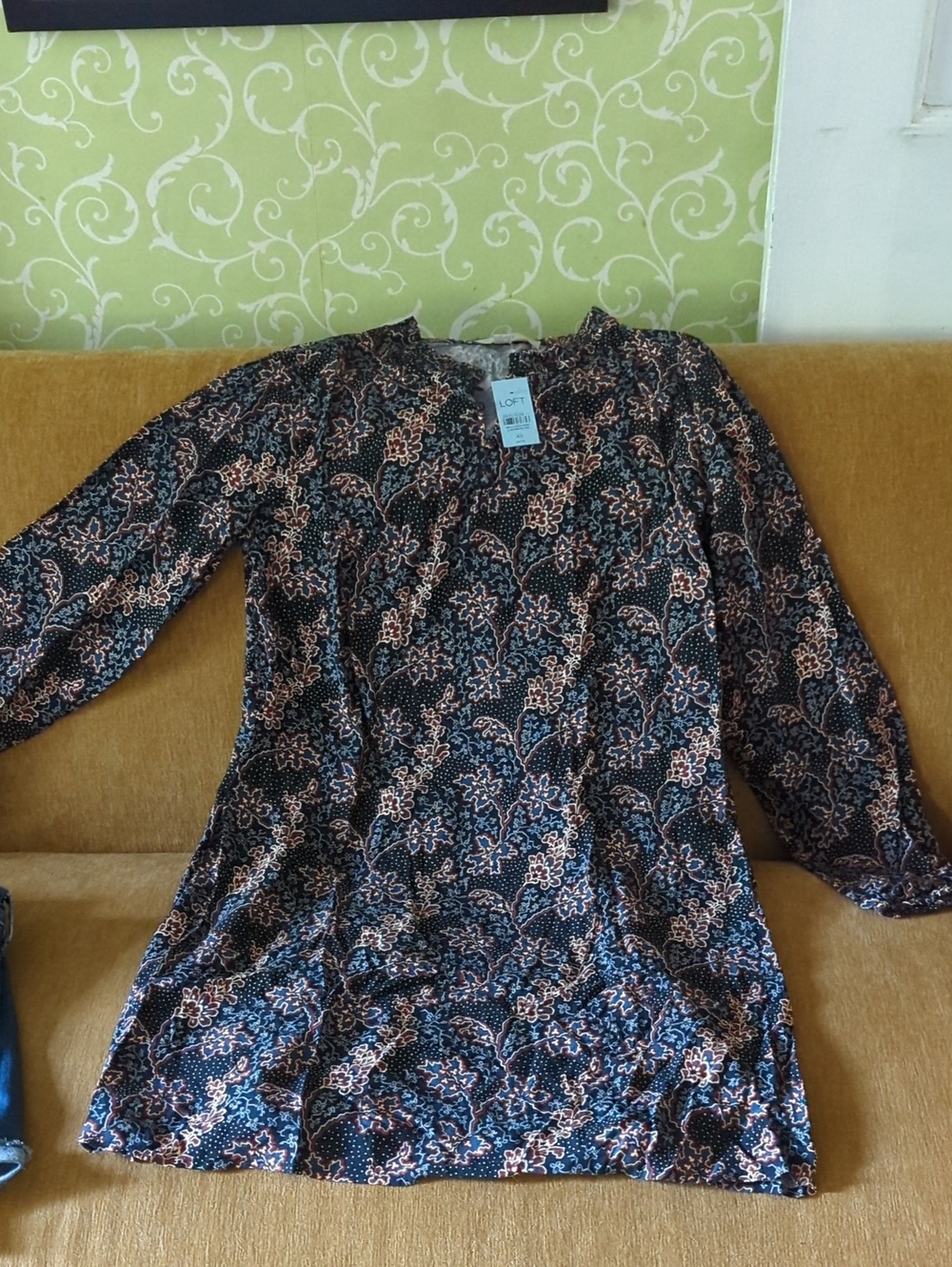 LOFT Black Dress with Peach Floral Print, Long Sleeve
